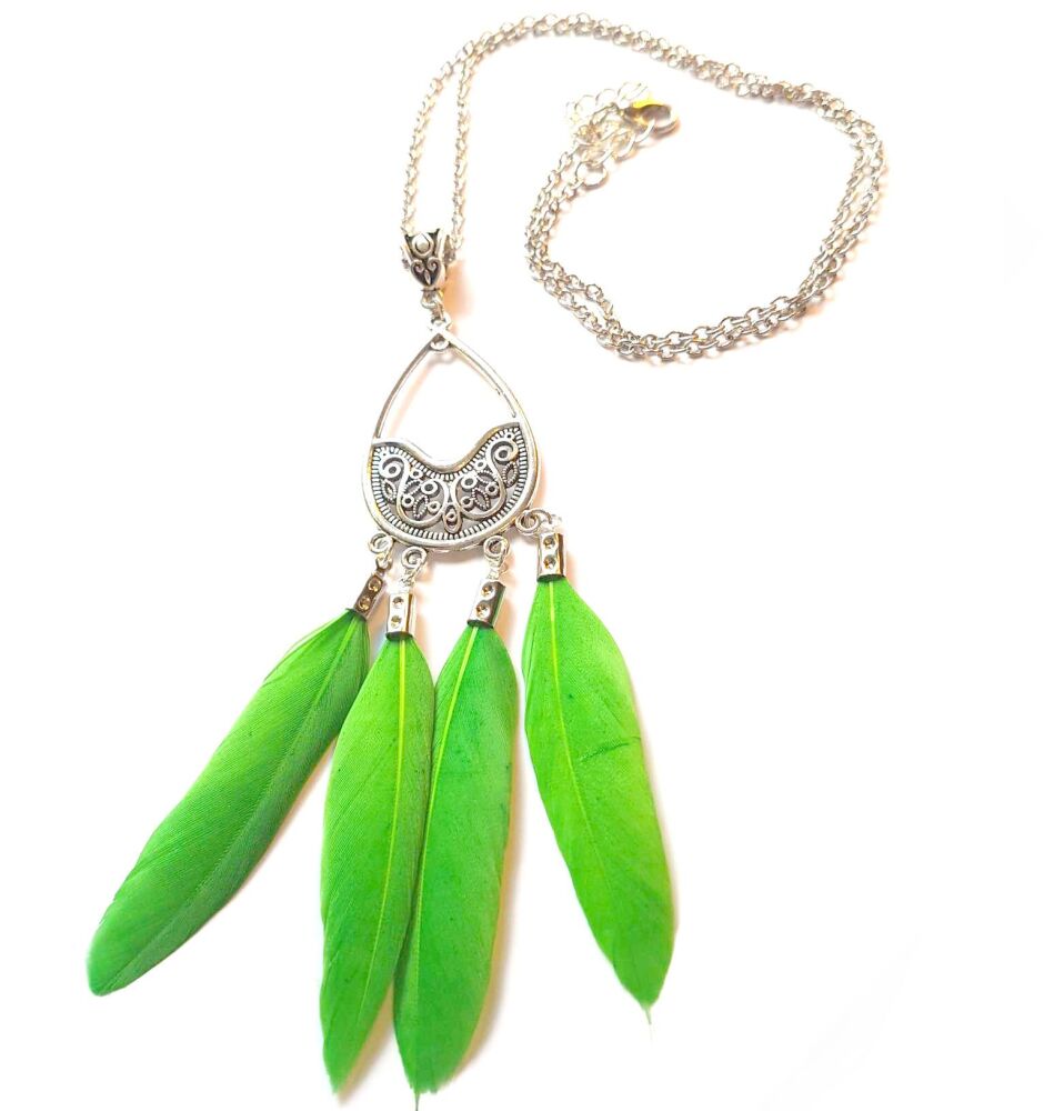 Green Feather Necklace with Silver Pendant and Chain