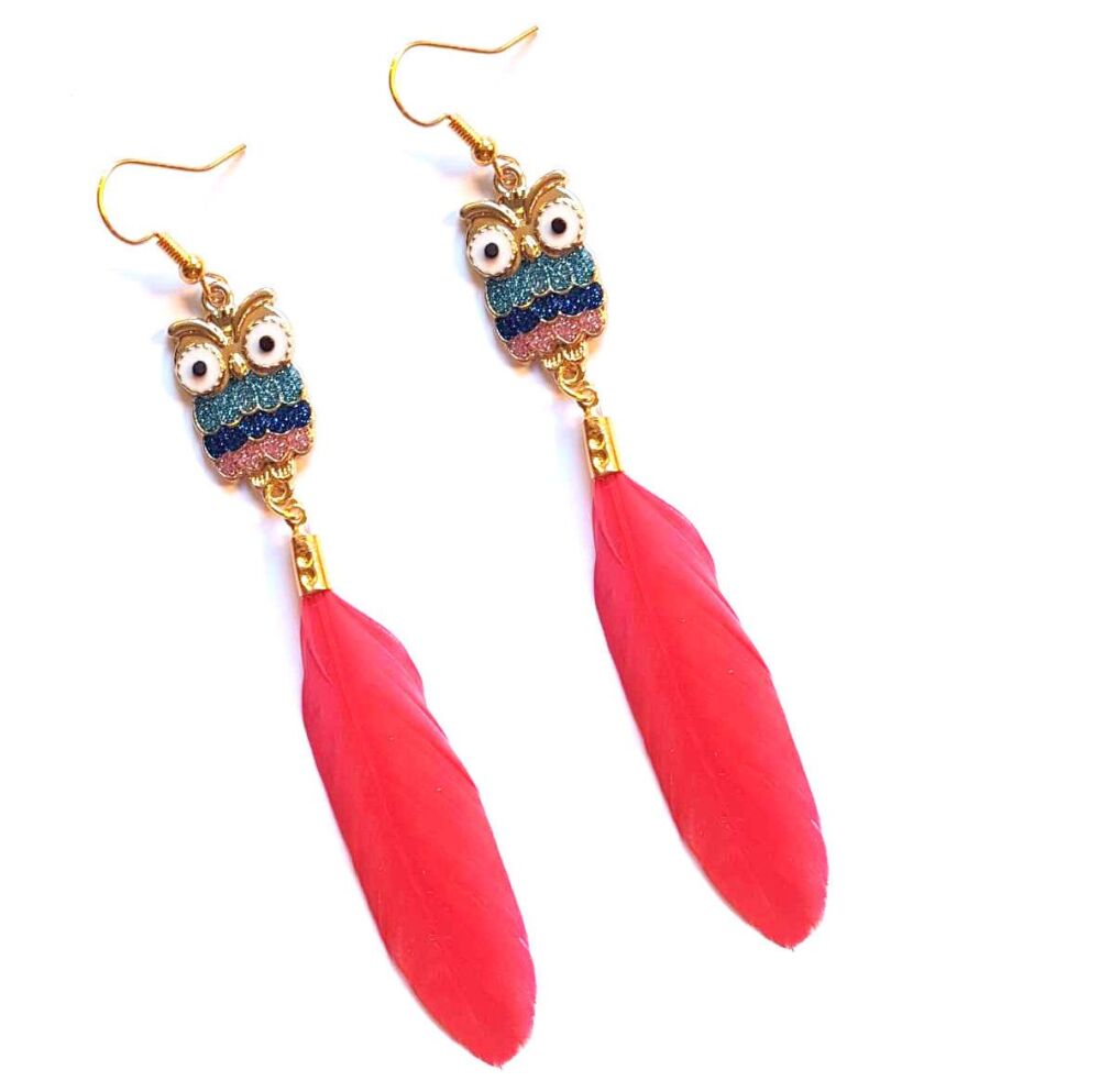 Pink Goose Feather Earrings with Gold, Decorative Owl Charm