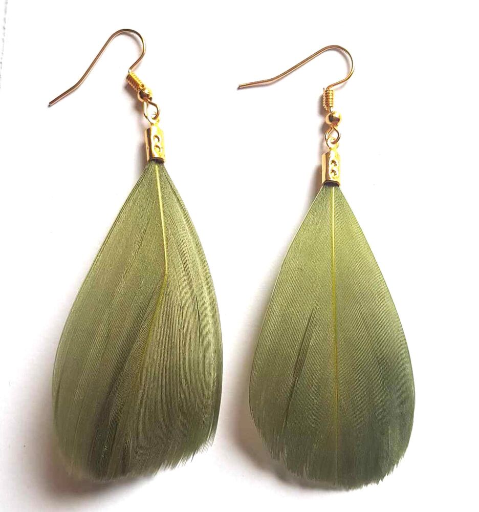 Olive Moss Green Feather Earrings (5 to 6cm)