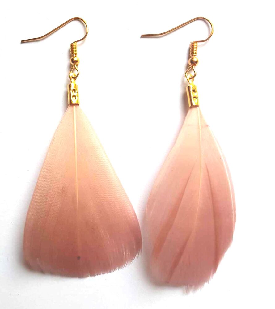 Rose Pink Feather and Gold Earrings