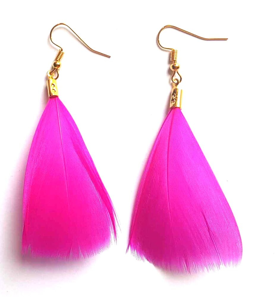 Shocking Pink Feather and Gold Earrings