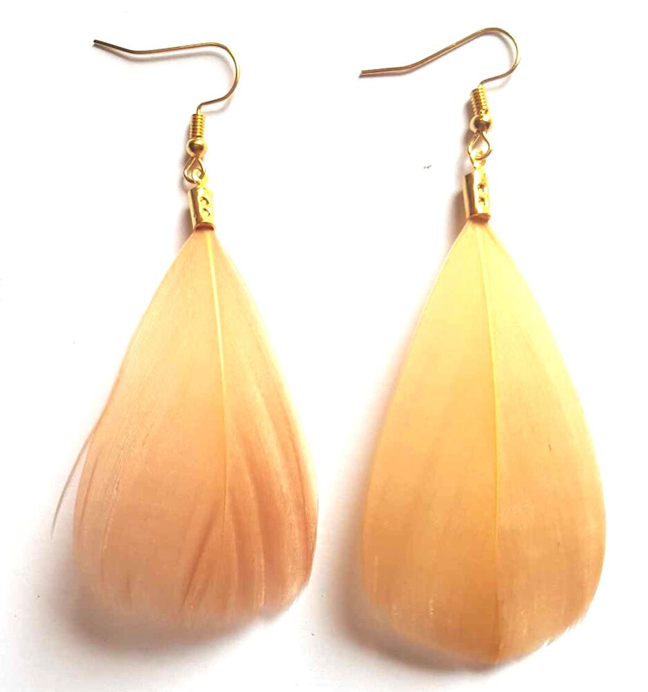 Beige and Gold Handcrafted Feather Earrings