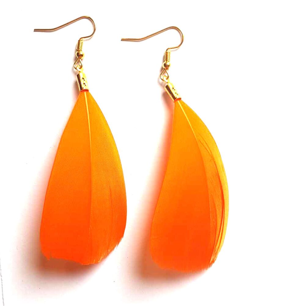 Orange and Gold Goose Feather Earrings (5 to 6cm)