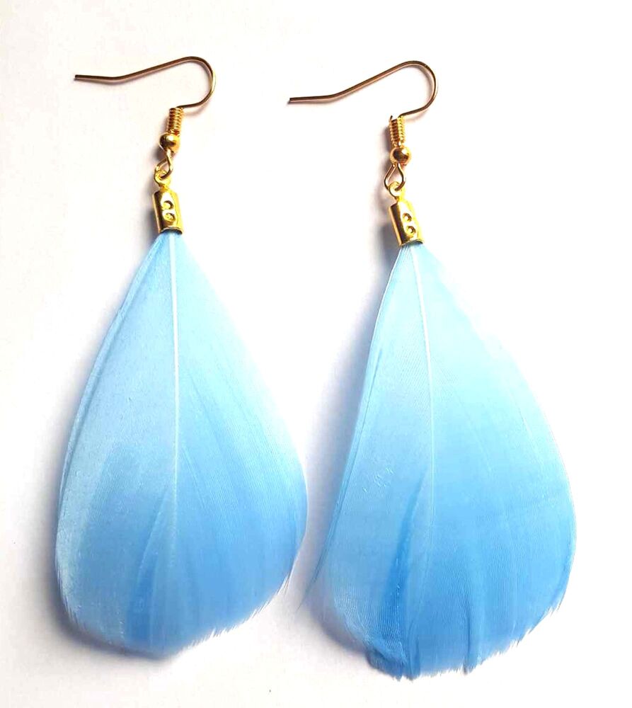 Baby Blue and Gold Goose Feather Earrings