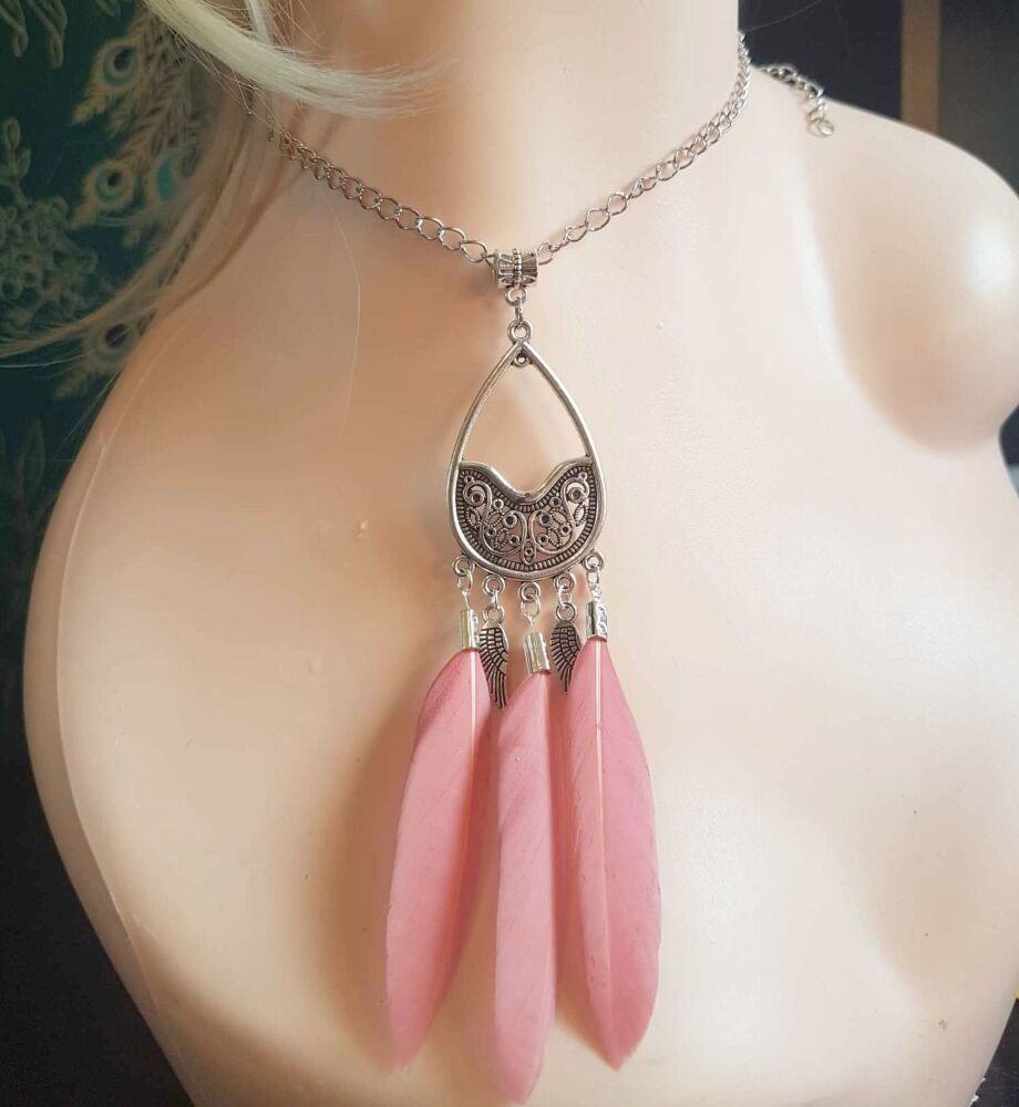 Rose Pink Feather Necklace with Silver Pendant and Chain