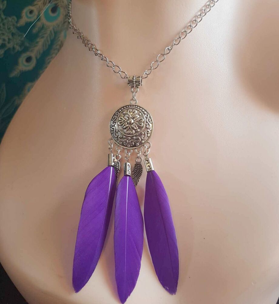 Purple Feather Necklace with Silver Pendant and Chain
