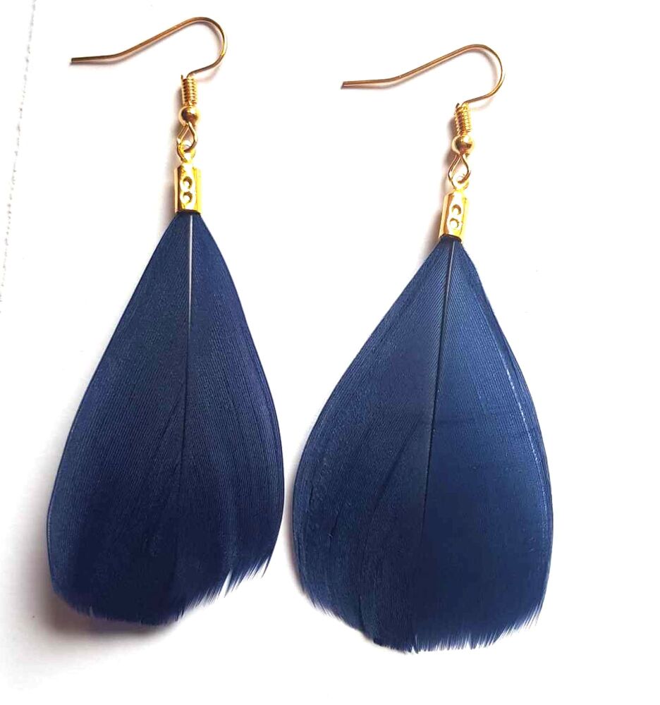 Navy Blue and Gold Goose Feather Earrings