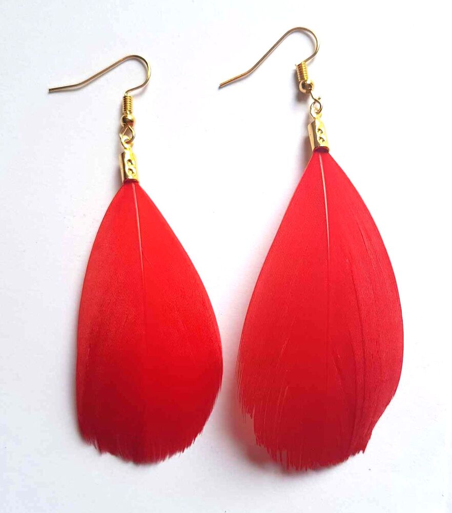 Red and Gold Goose Feather Earrings (5 to 6cm)