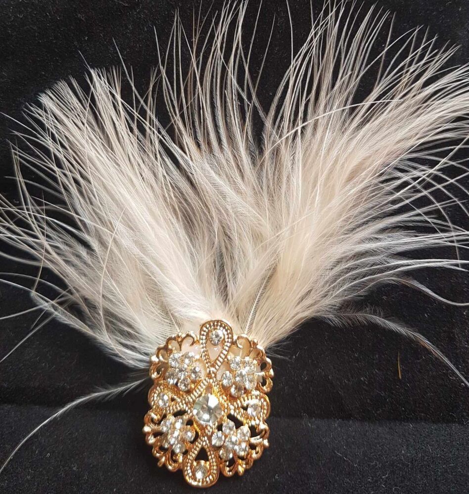 Gold Feather Brooch with Diamante and Champagne Cream Feathers