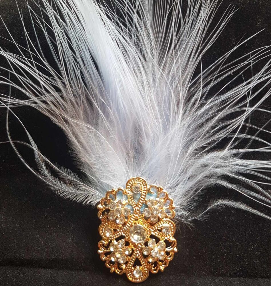 Gold Feather Brooch with Diamante and Light Blue Feathers