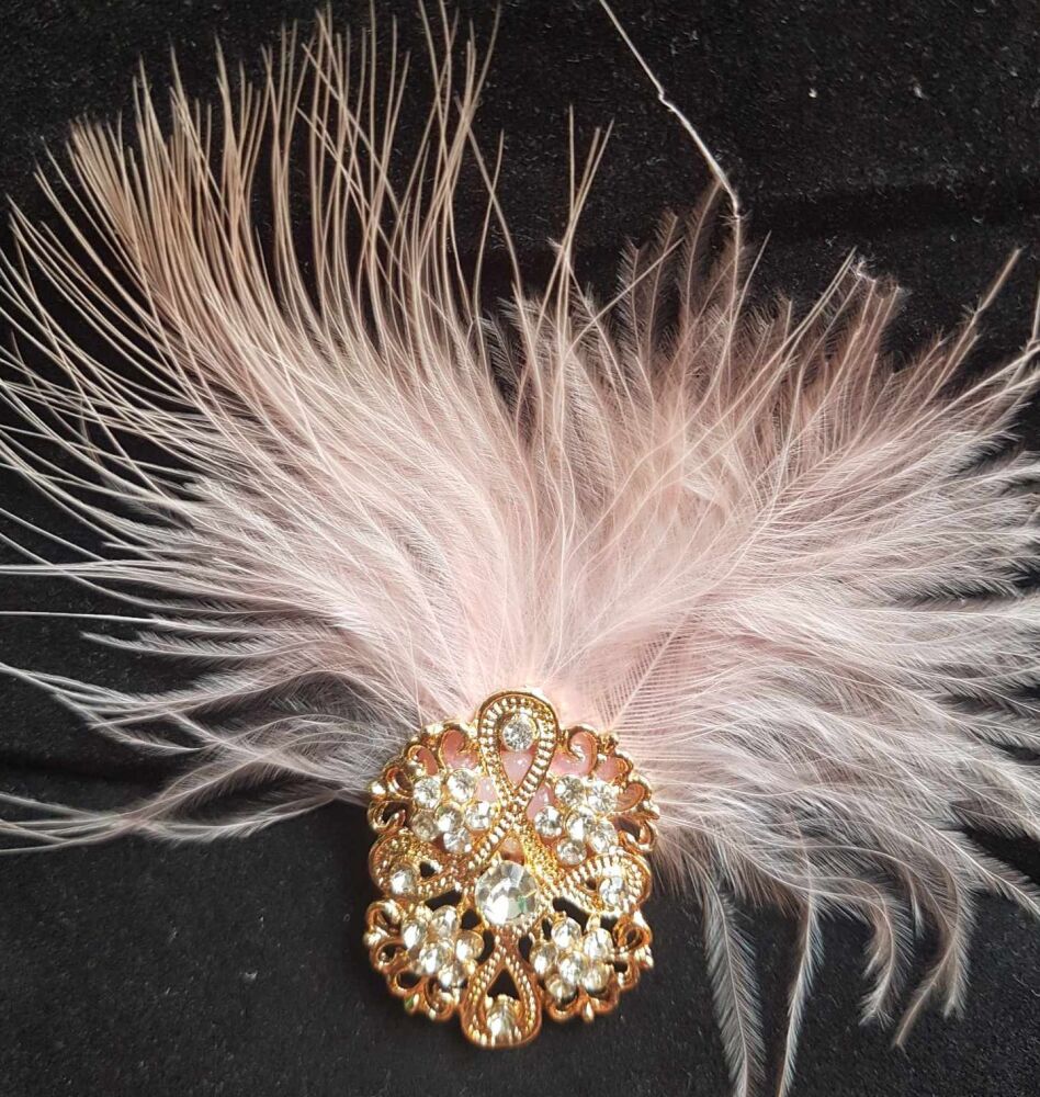 Gold Feather Brooch with Diamante and Dusky Pink Feathers