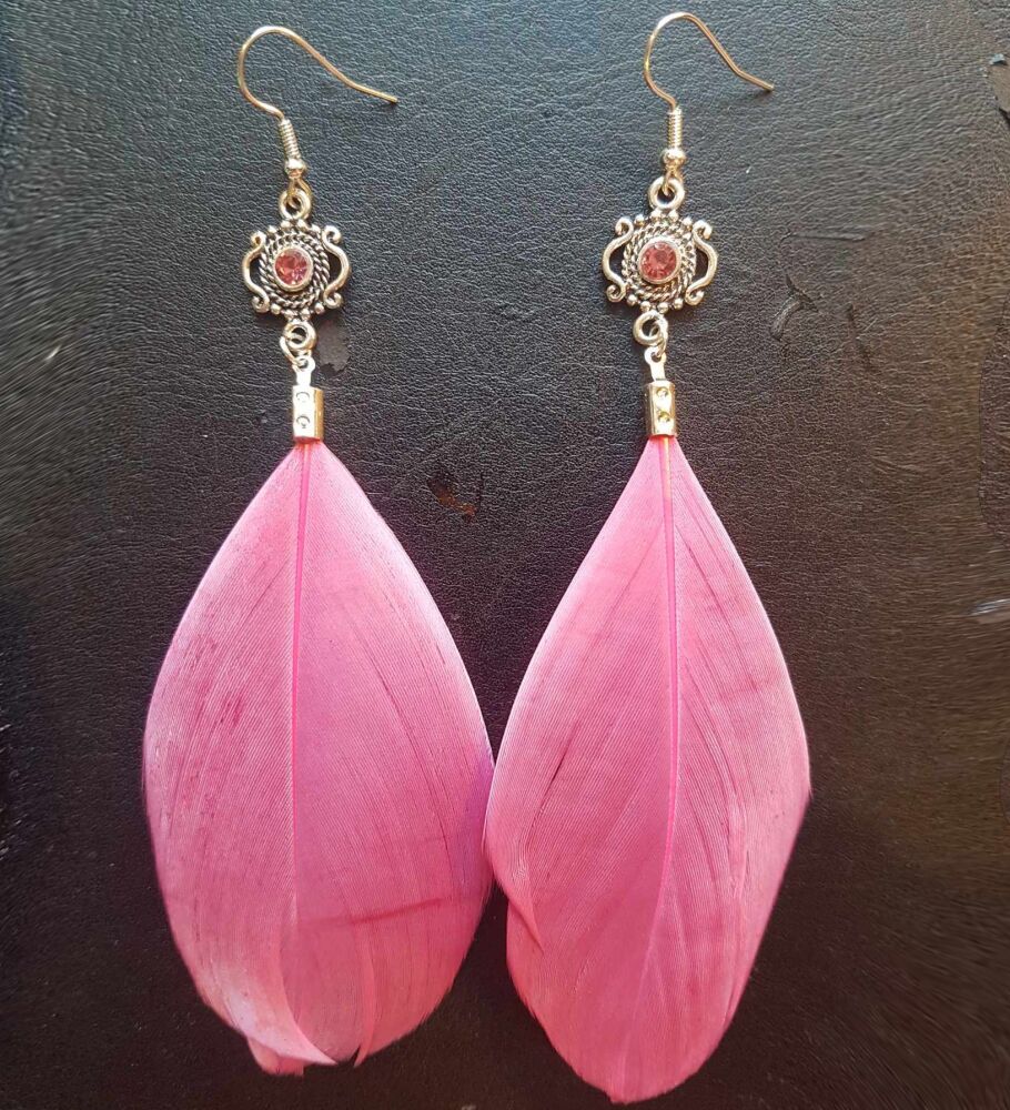 Strawberry  Pink and Silver Feather Earrings with Pink Gem