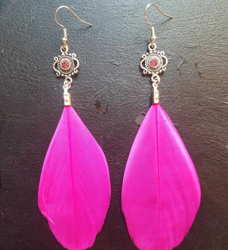 Shocking  Pink and Silver Feather Earrings with Pink Gem