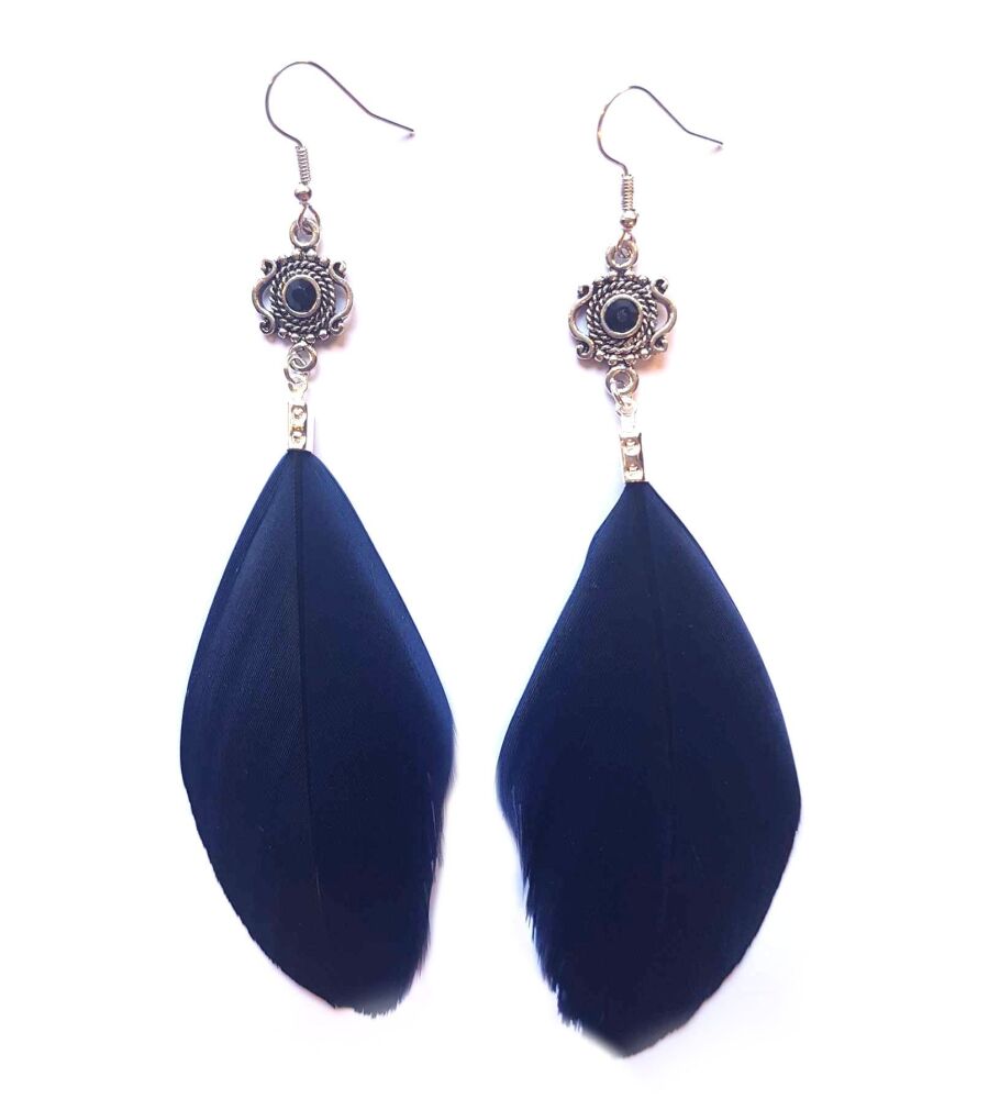 Navy Blue and Silver Goose Feather Earrings with Black Gem Detail