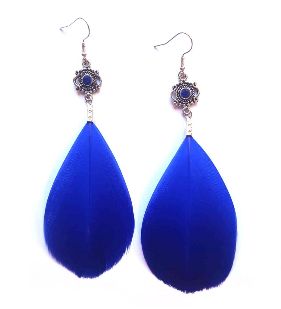 Royal Blue and Silver Goose Feather Earrings with Royal Blue Gem Detail
