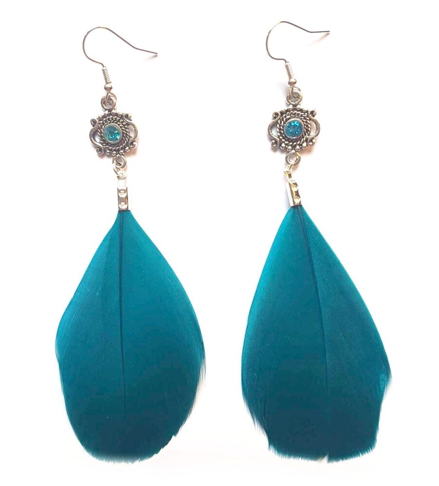 Peacock Teal Green and Silver Goose Feather Earrings with Turquoise Blue Ge