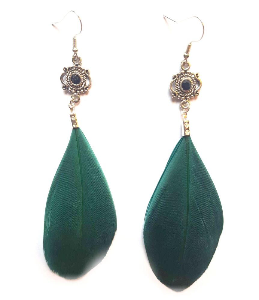 Dark Green and Silver Goose Feather Earrings with Black Gem Detail