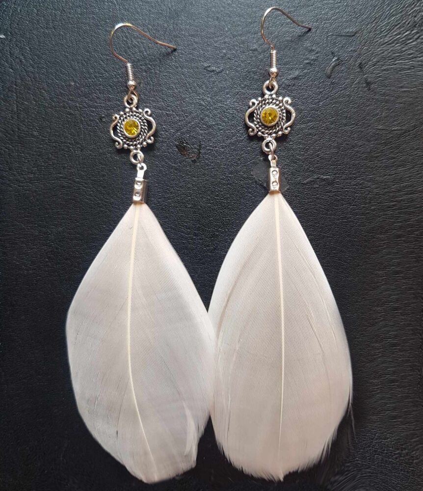 Cream and Silver Goose Feather Earrings with Yellow Gem Detail