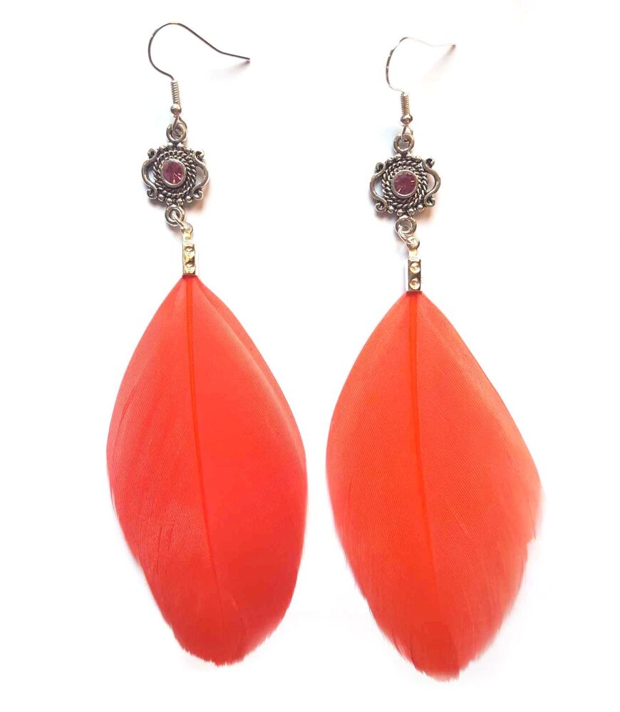 Coral and Silver Goose Feather Earrings with Pink Gem Detail