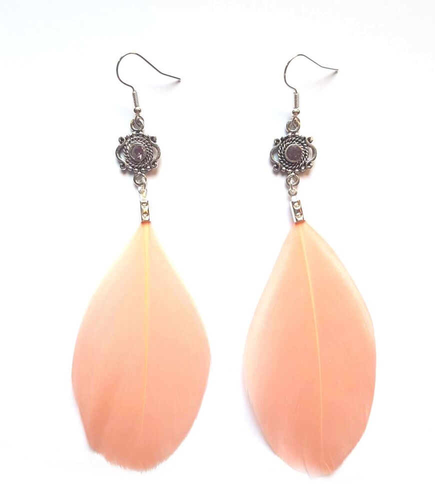 Peach and Silver Goose Feather Earrings with Pink Gem Detail