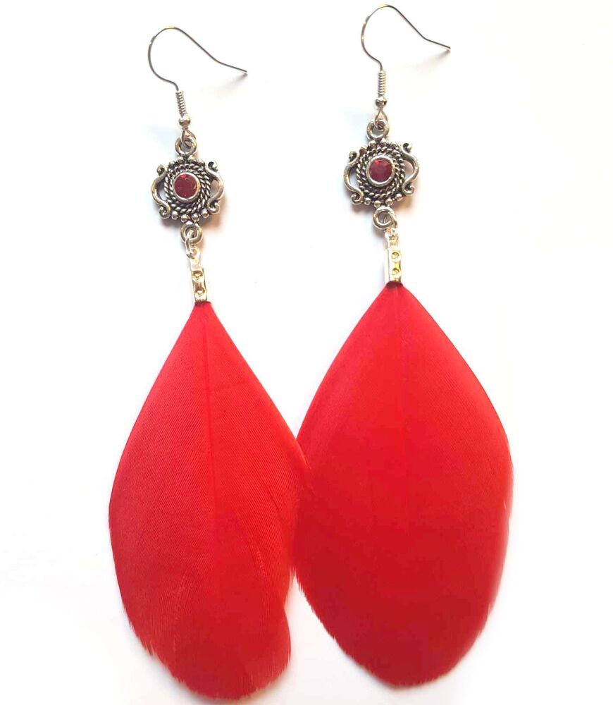 Red and Silver Goose Feather Earrings with Red Gem Detail