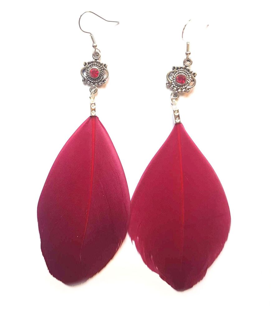 Burgundy and Silver Goose Feather Earrings with Red Gem Detail