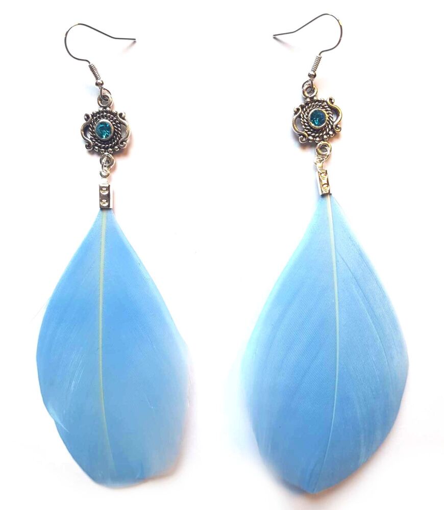 Light Blue and Silver Goose Feather Earrings with Turquoise Blue Gem Detail