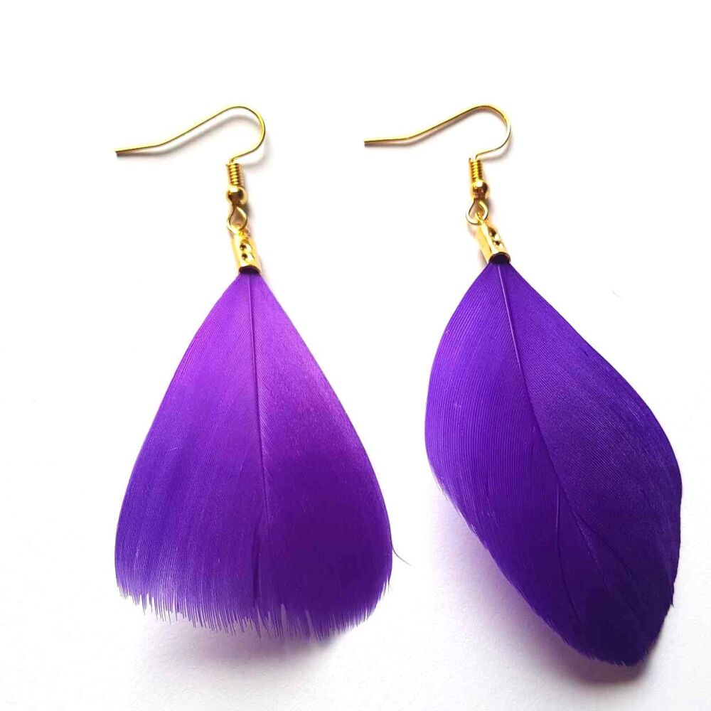 Purple and Gold Goose Feather Earrings (5 to 6cm)