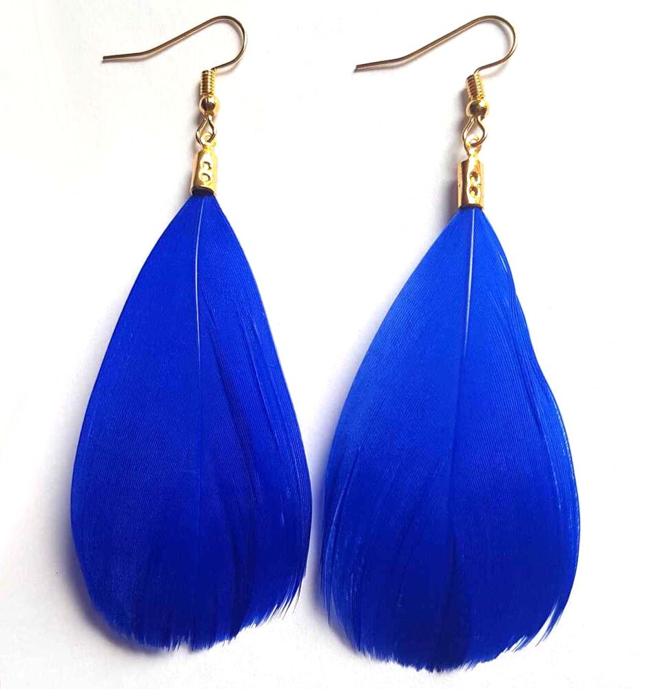 Royal Blue and Gold Goose Feather Earrings (5 to 6cm)