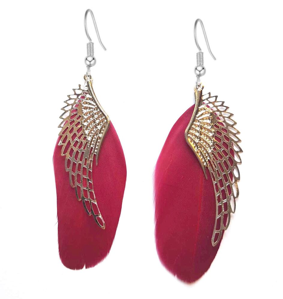 Burgundy Feather and Silver Angel Wing Earrings
