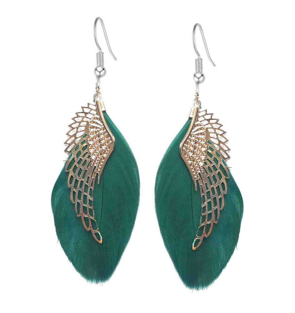 Angel Wing Dark Green Feather Earrings Feather Planet
