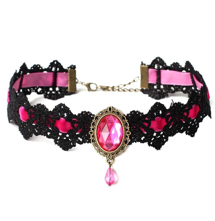Pink & Black Choker: Black Lace, Pink Velvet Ribbon and Pink Oval Gem