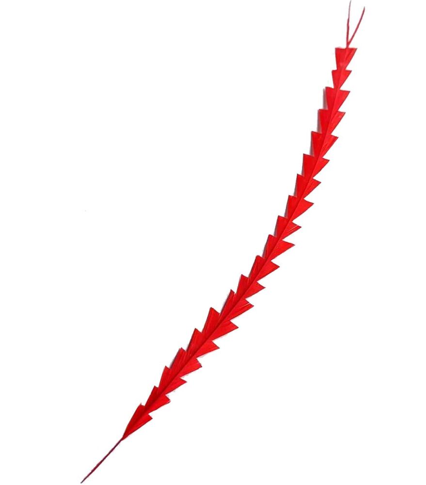 Red Zig Zag Cut Feather, Trimmed Decorative Rooster Feather