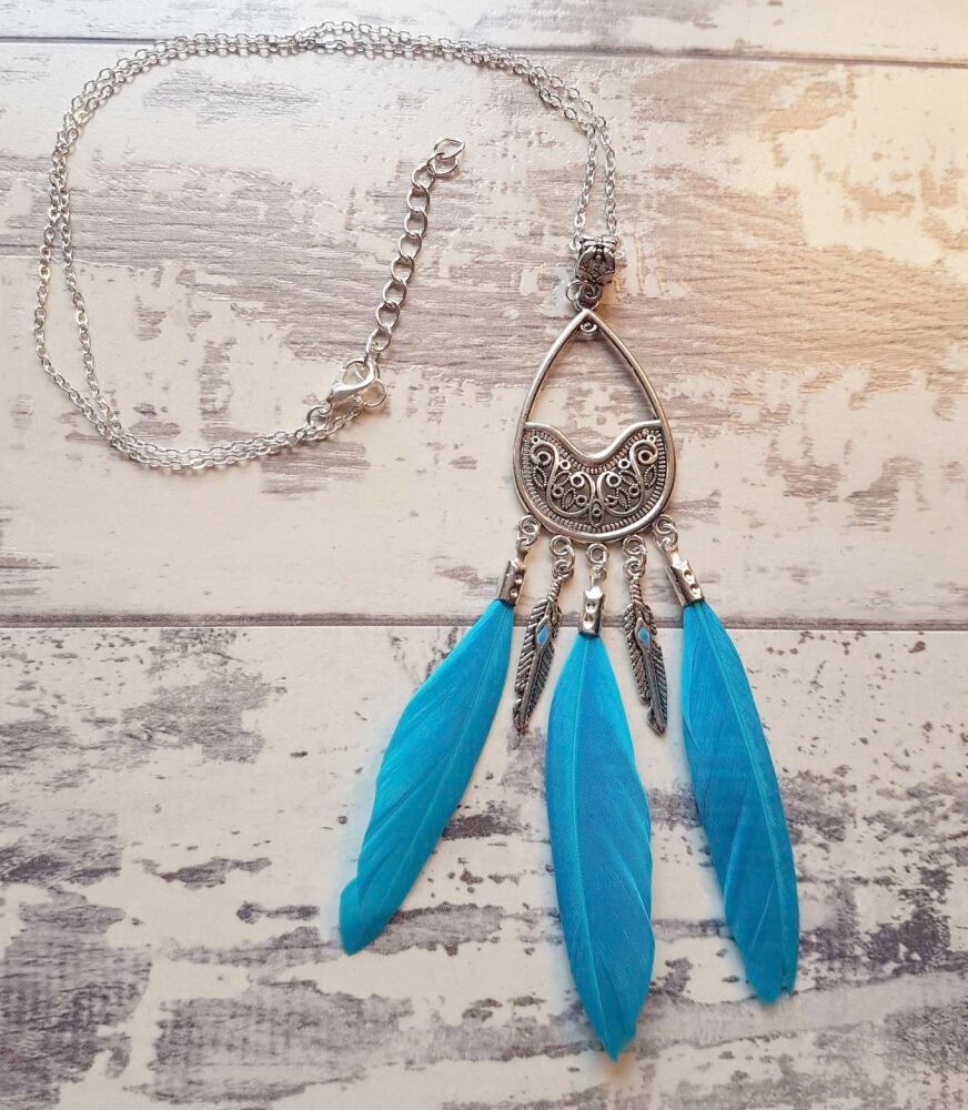 Turquoise Blue Feather Necklace with Silver Pendant, Feather Charms and Chain