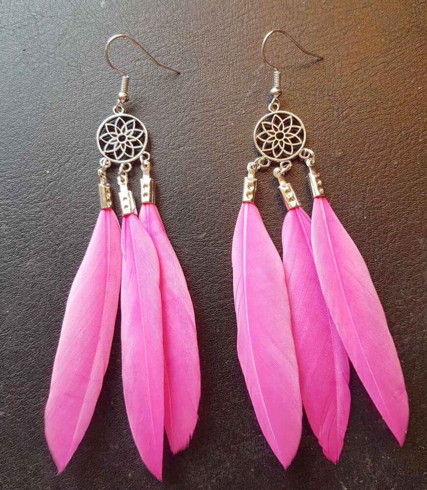 Hot Pink Feather Earrings with Decorative Silver Pendant and Three Sleek Goose Feathers