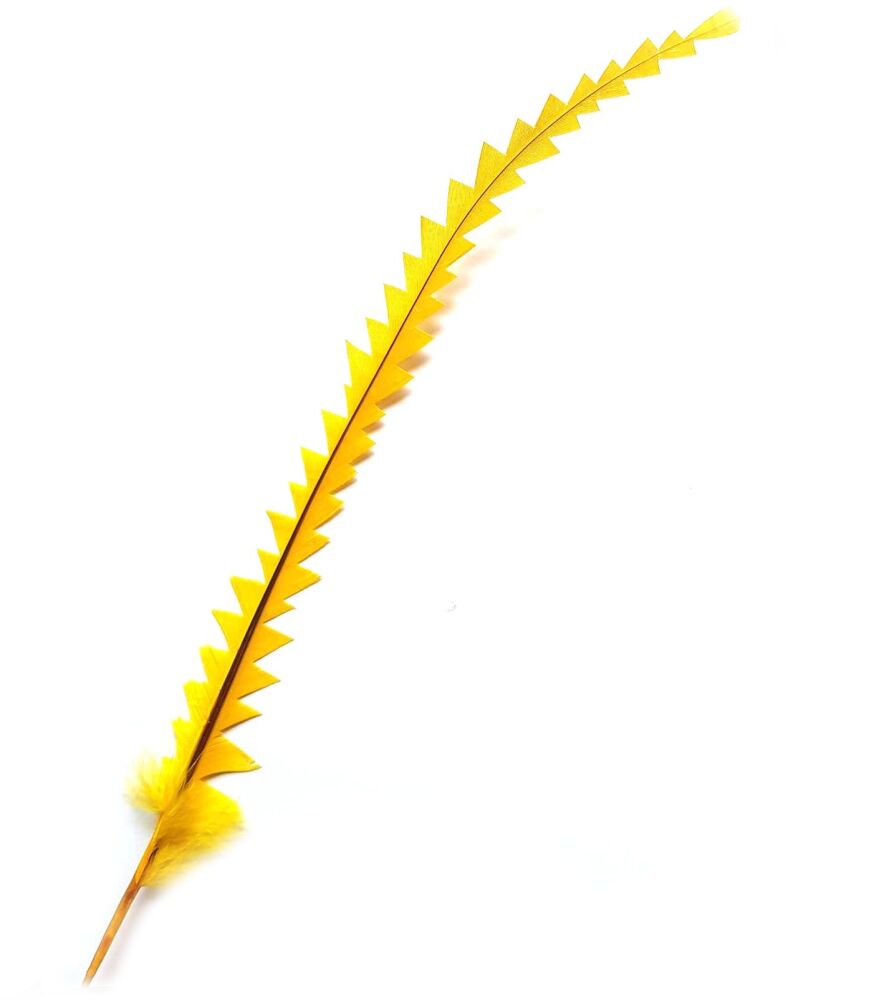 Yellow Zig Zag Cut Feather, Trimmed Decorative Rooster Feather