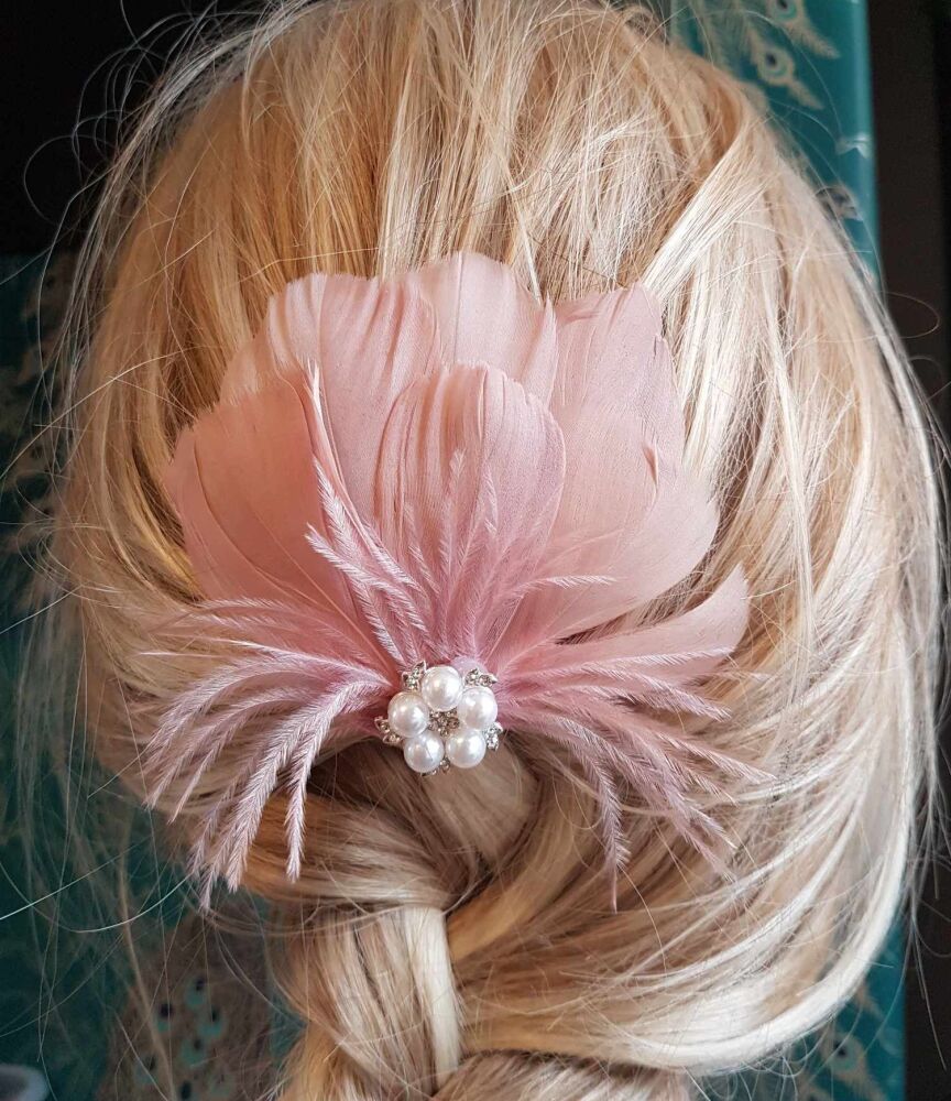 Dusky Rose Pink Feather Hair Clip with Ostrich Hurl and Pearl, Diamante Gem