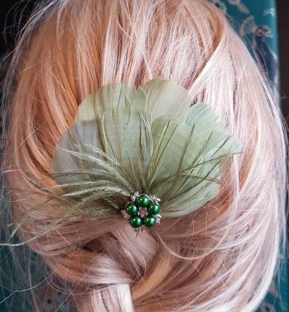 Olive Green Feather Hair Clip with Ostrich Hurl and Pearl, Diamante Gem