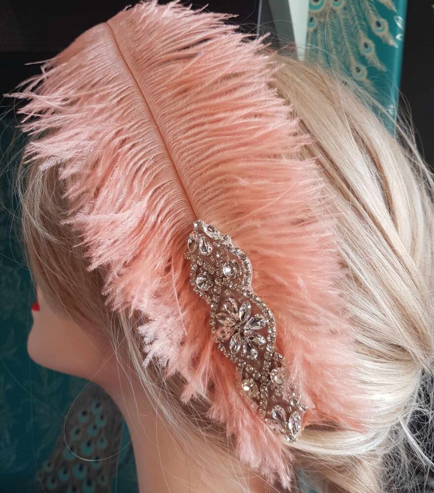 Peach Ostrich Feather Hair Piece, Clip Style with Diamante Crystal Applique