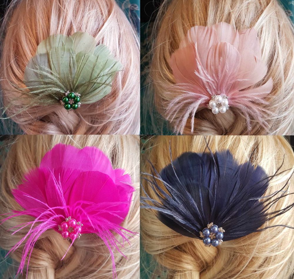 Feather Hair Clips with Ostrich Hurl and Pearls
