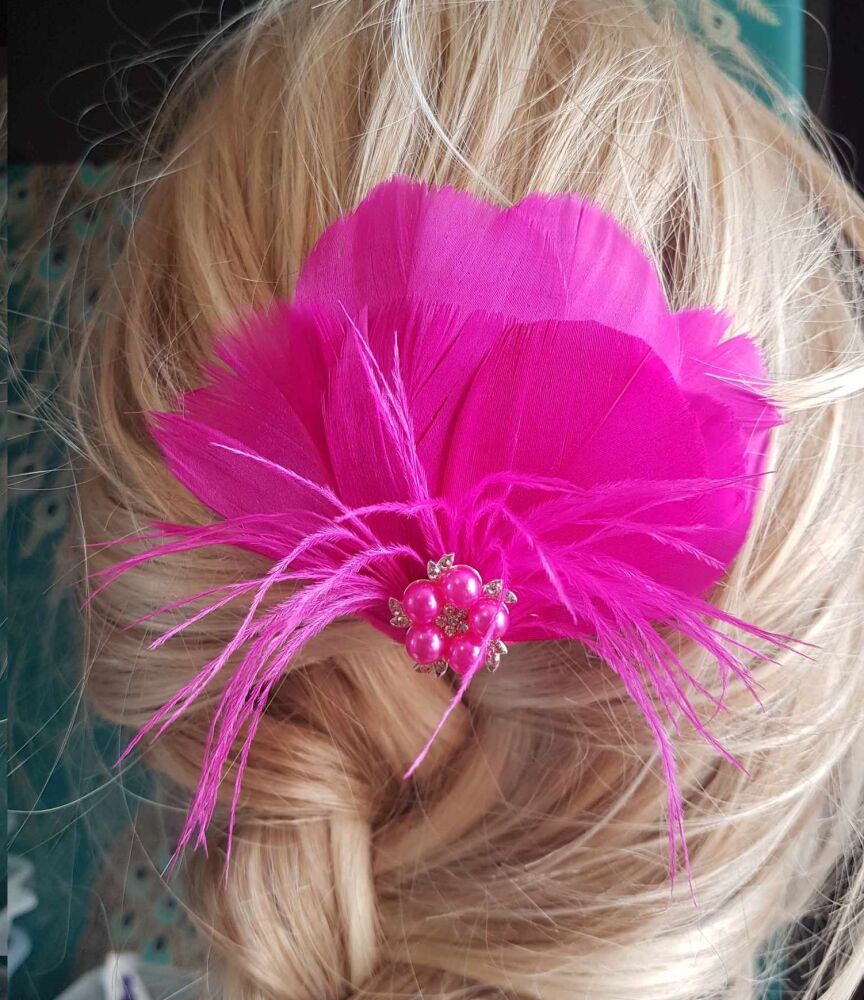 Shocking Pink Feather Hair Clip with Ostrich Hurl and Pearl, Diamante Gem