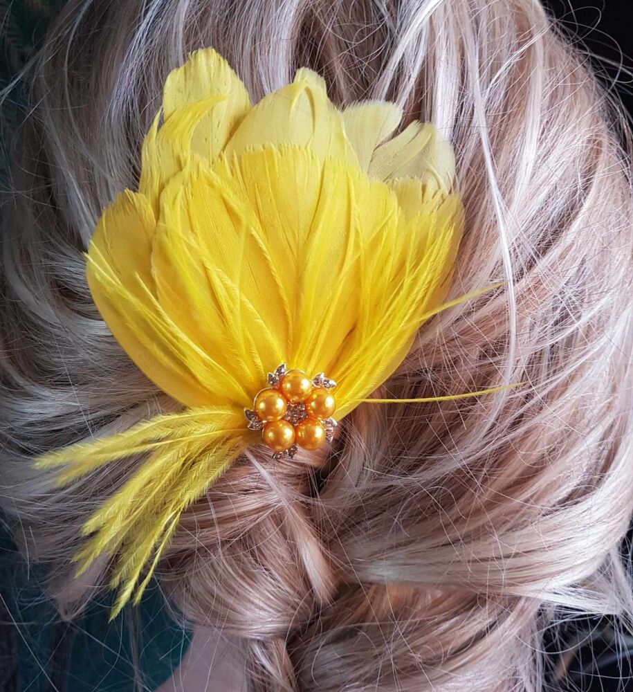 Yellow Feather Hair Clip with Ostrich Hurl and Pearl, Diamante Gem