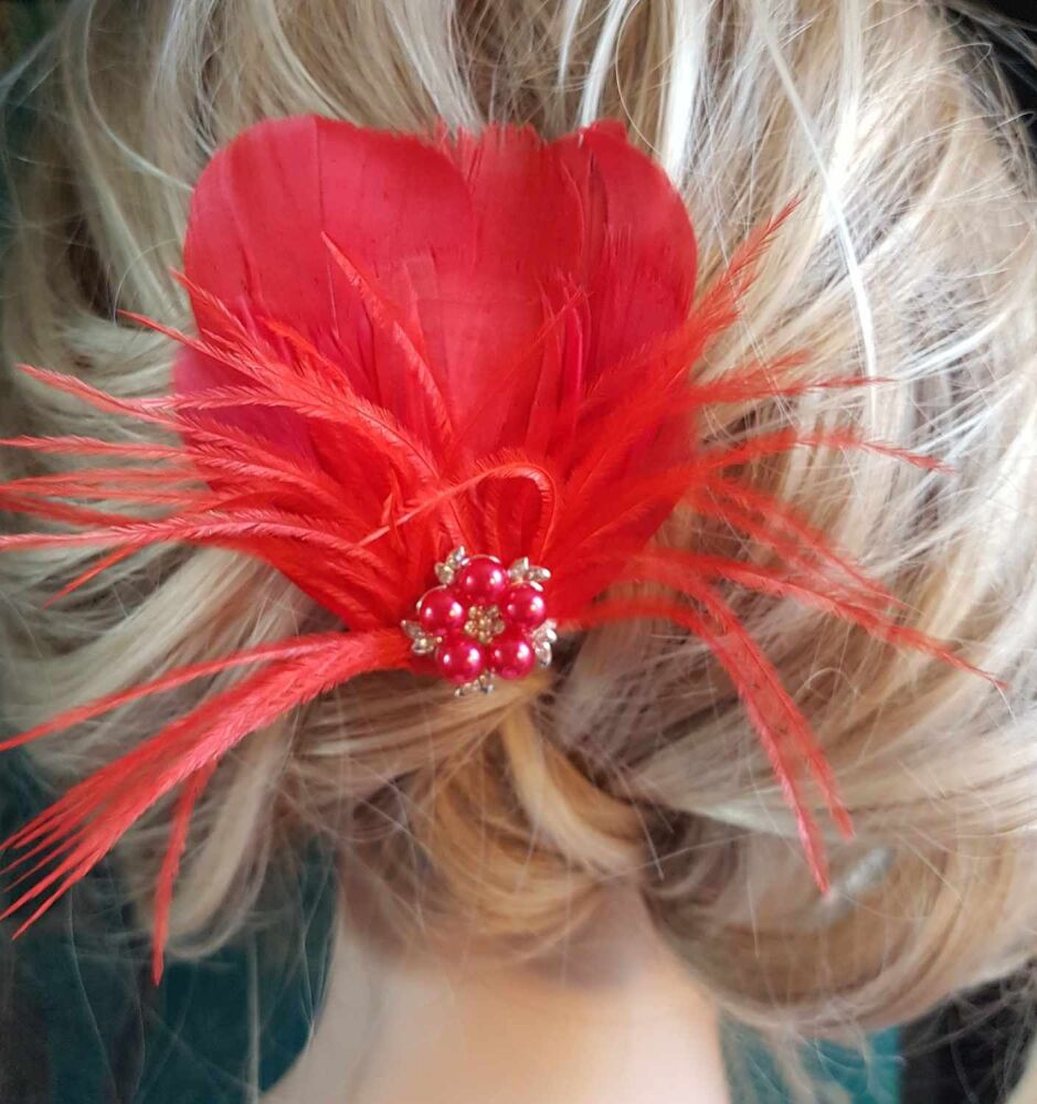 Red Feather Hair Clip with Ostrich Hurl and Pearl, Diamante Gem