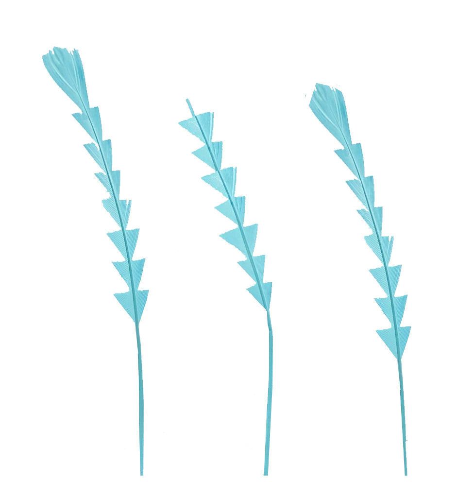 Turquoise Blue Stripped Zig Zag Trimmed Feathers x 3