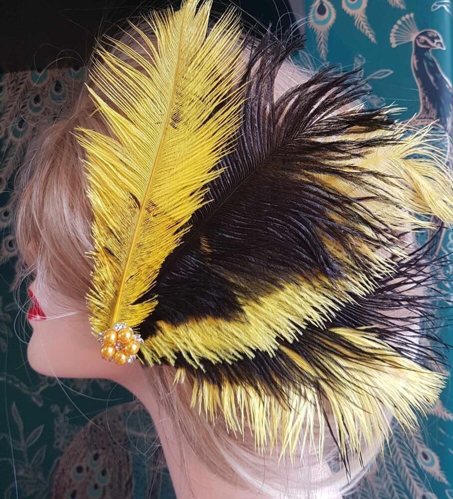 Yellow and Black Ostrich Feather Headpiece Flapper Clip