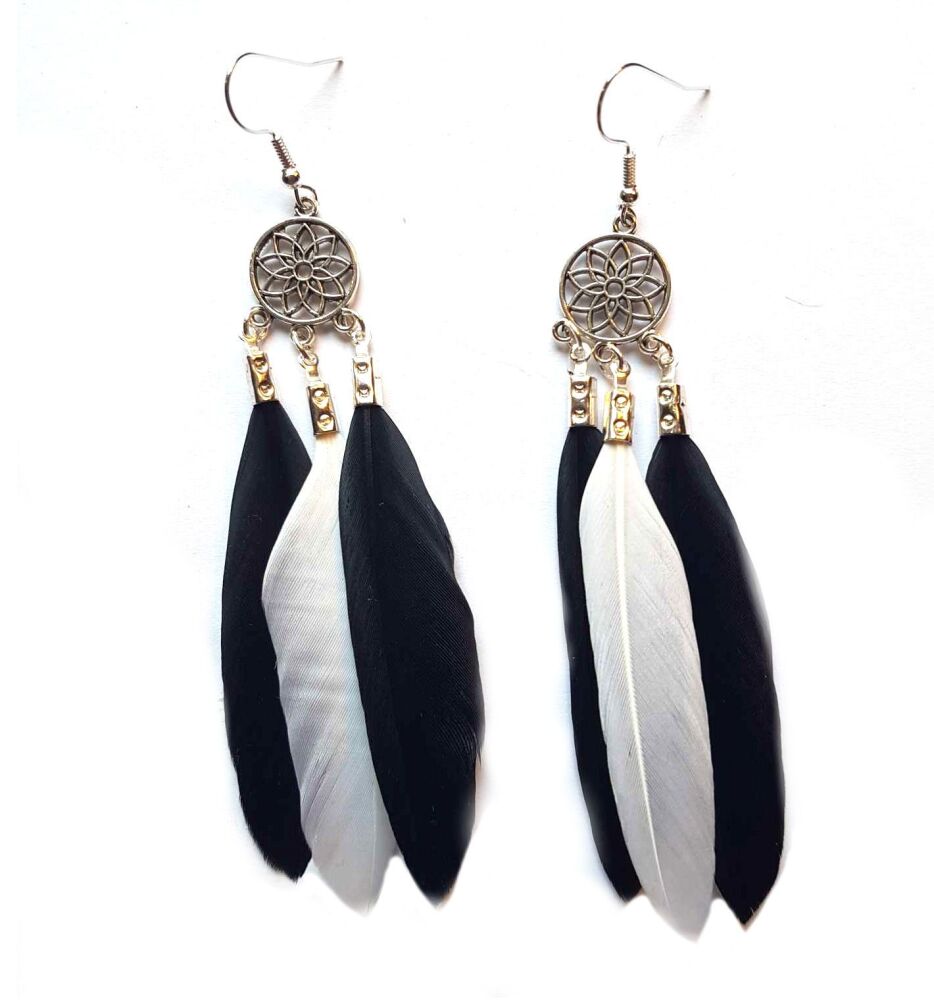 Black and White Feather Earrings with Decorative Silver Pendant and Three Sleek Goose Feathers