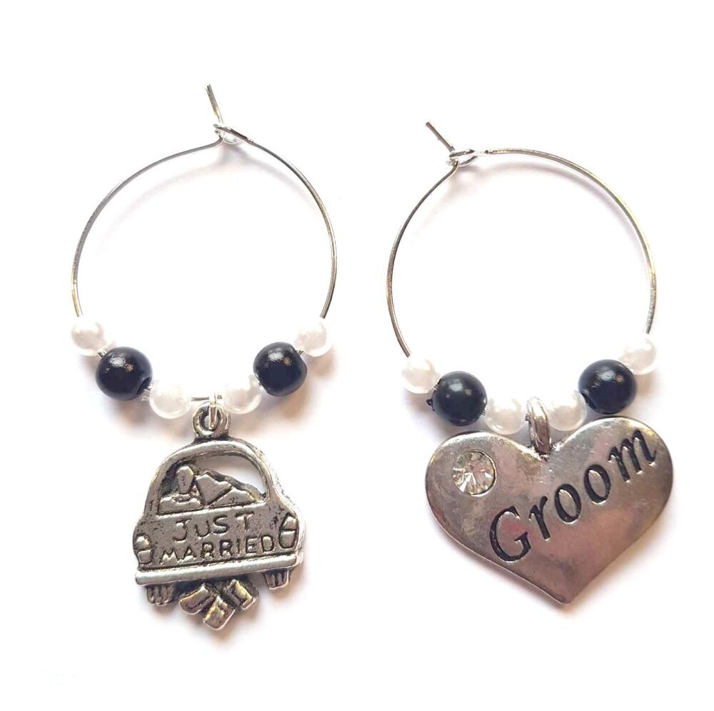 Wine Glass Charms, Groom and Just Married - Silver Wedding Theme, Set of 2