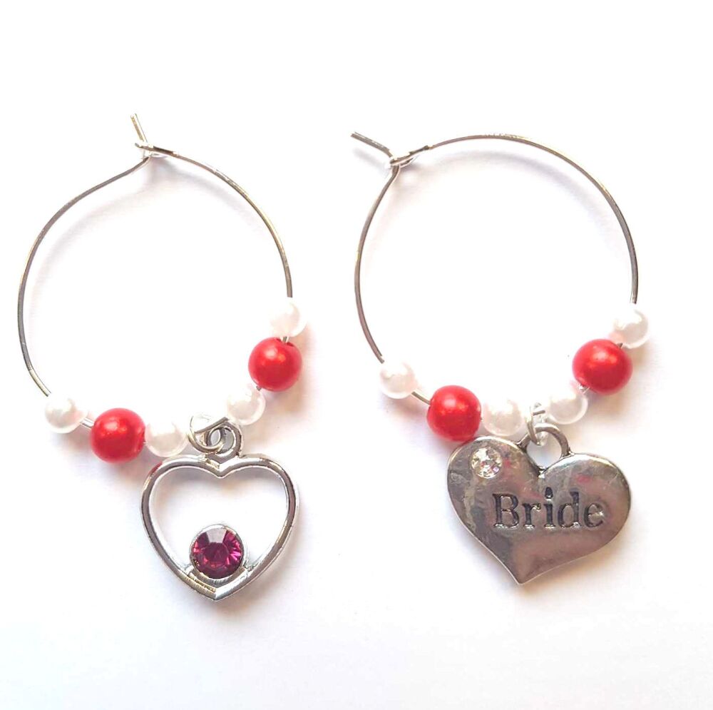 Wine Glass Charms, Bride and Silver Charm With Red Detail. Wedding Theme, S