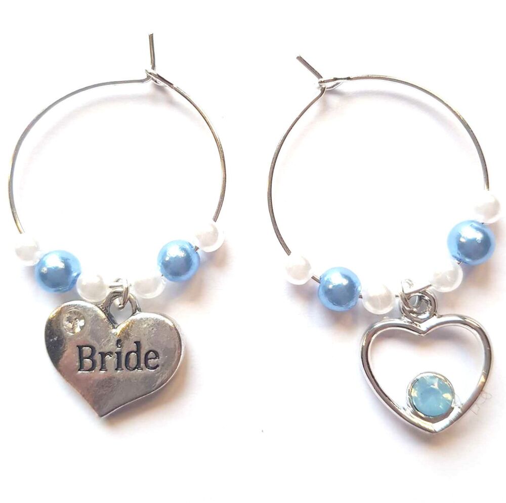 Wine Glass Charms, Bride and Silver Charm With Light Blue Detail. Wedding Theme, Set of 2