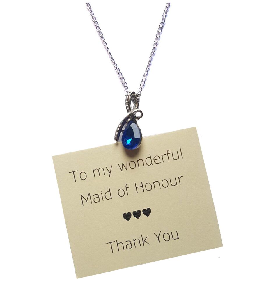 Maid of Honour Heart Pendant Necklace with Royal Blue Crystal Gem, Thank You Card & Organza Bag